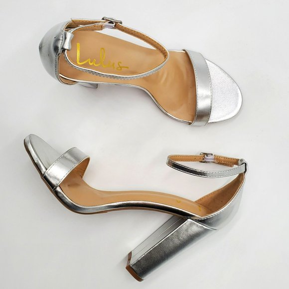 Lulu's Silver Ankle Strap Block Heels - Picture 1 of 16